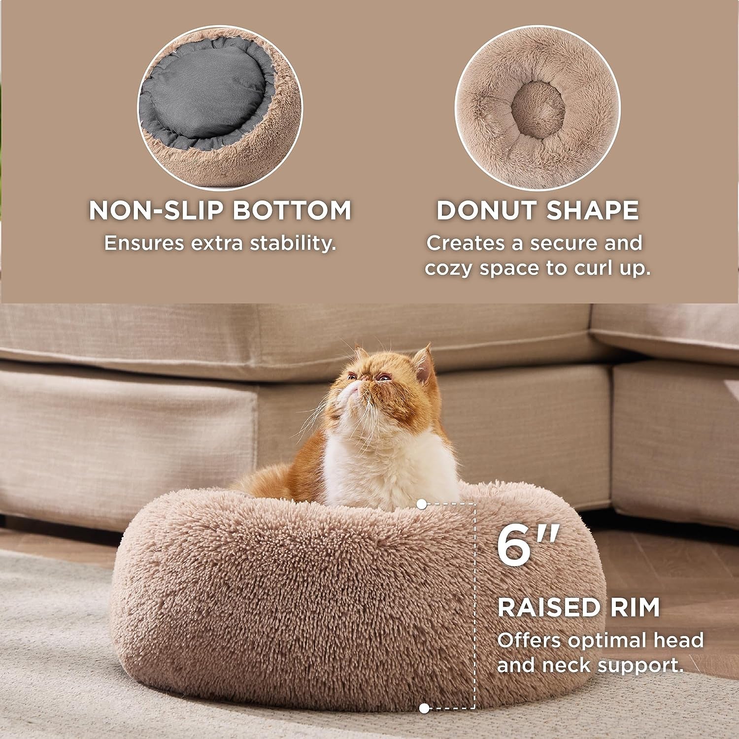 Calming Cat Beds for Indoor Cats - Small Cat Bed Washable 20 Inches, Anti-Slip round Fluffy Plush Faux Fur Pet Bed, Fits up to 15 Lbs Pets, Camel