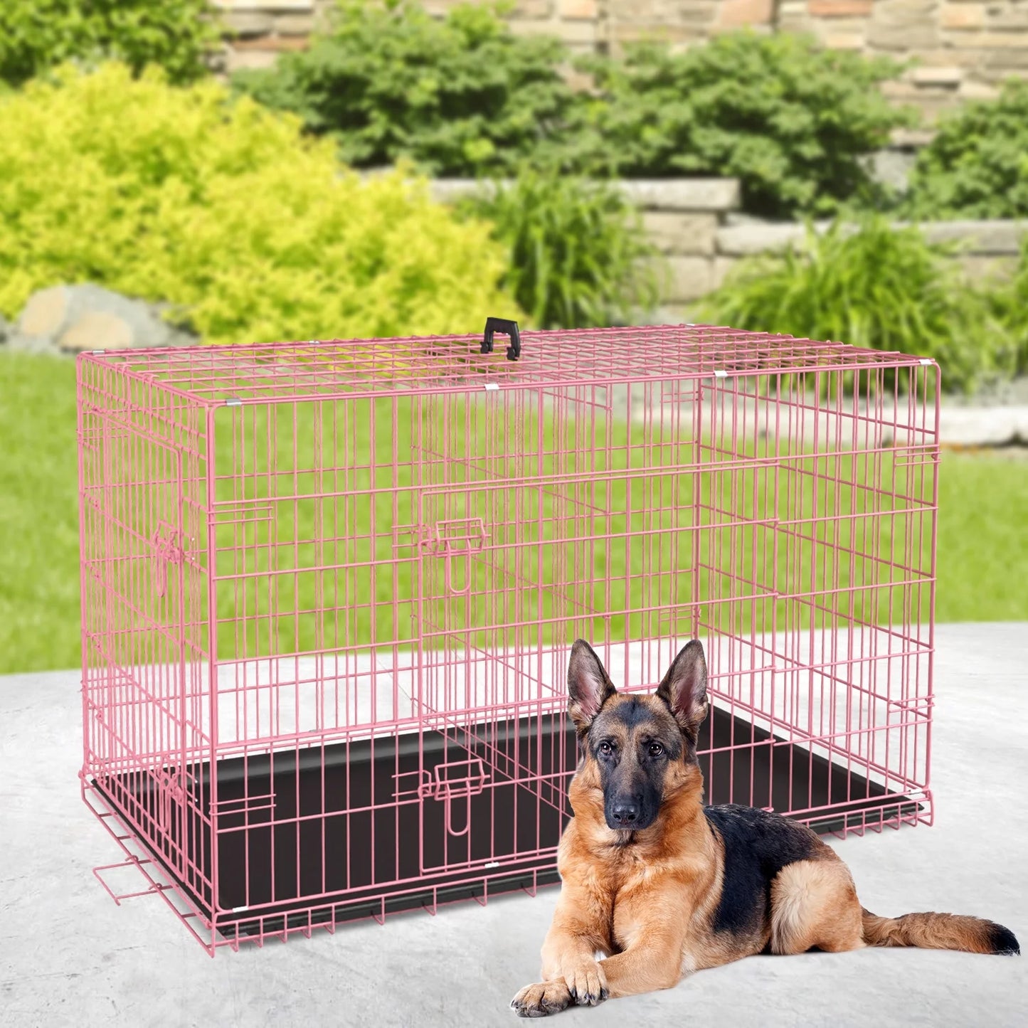 42 Inch Dog Crate, Dog Crates and Kennels Foldable Large Dog Crate for Large Dogs with Handle Double-Door Outdoor Metal Wire Dog Cage with Plastic Tray for Medium Dogs, Pink