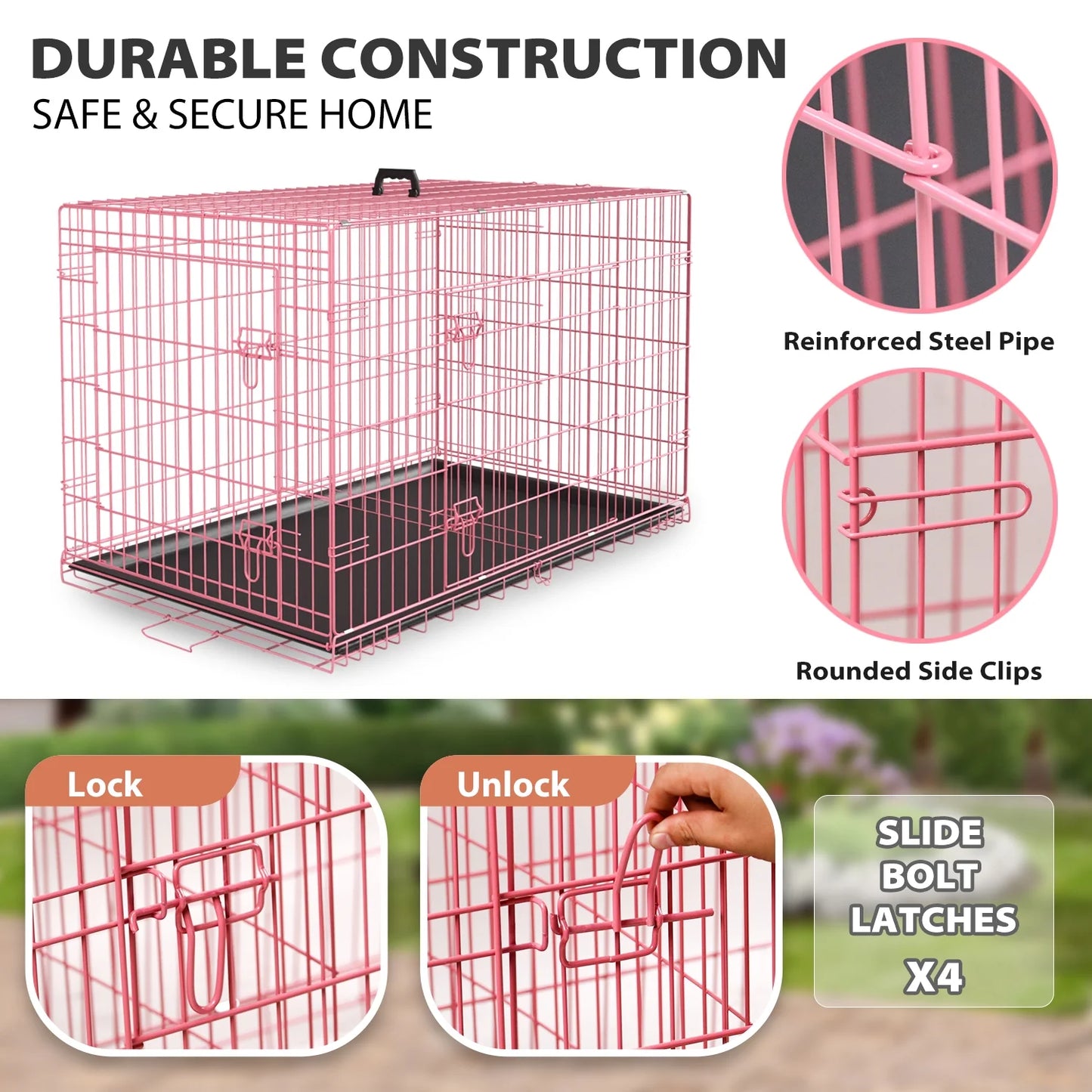 42 Inch Dog Crate, Dog Crates and Kennels Foldable Large Dog Crate for Large Dogs with Handle Double-Door Outdoor Metal Wire Dog Cage with Plastic Tray for Medium Dogs, Pink