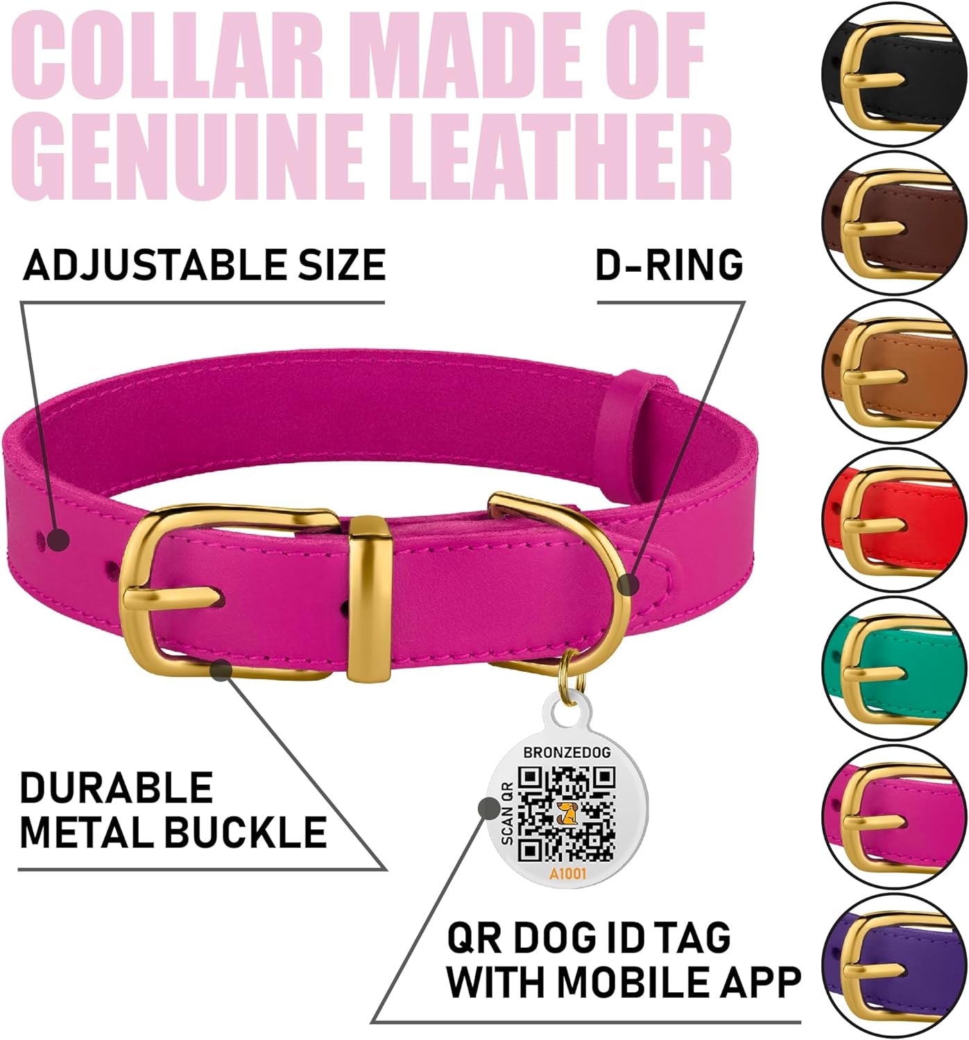 Leather Dog Collar with Metal Buckle Durable Basic Pet Collars for Small Medium Large Dogs (13-16 Inch (Pack of 1), Pink & Gold Buckle)