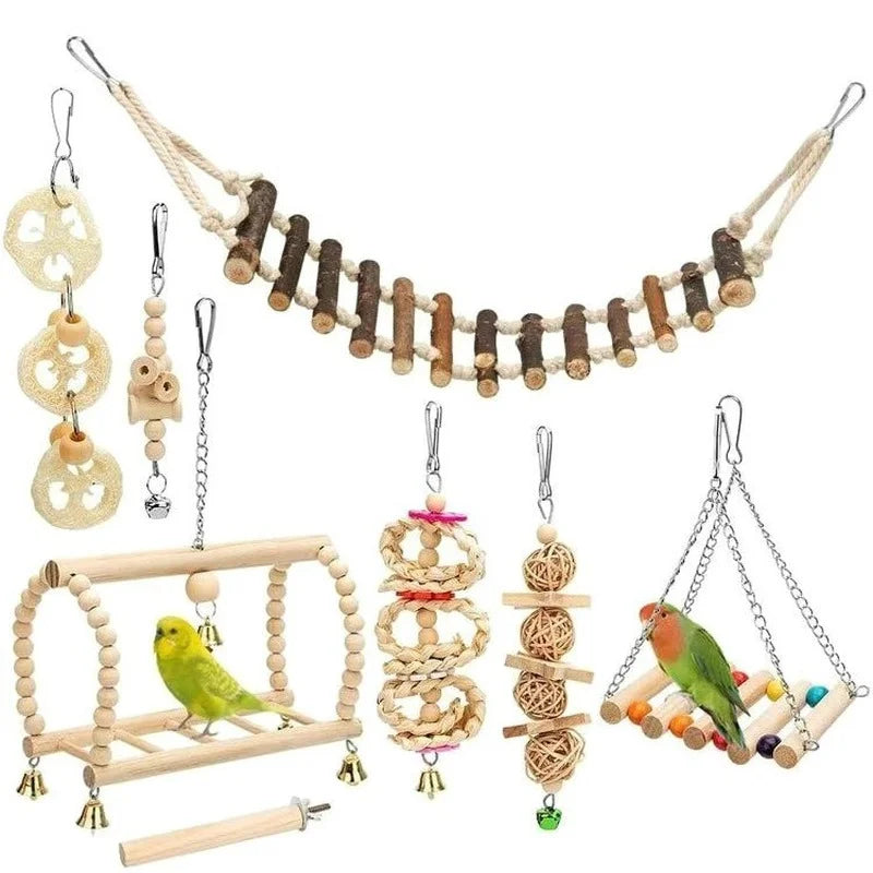 "8PCS Parrot Bird Toy Set - Engaging Wood Toys for Training, Swing, Ball, and Bell Fun!"