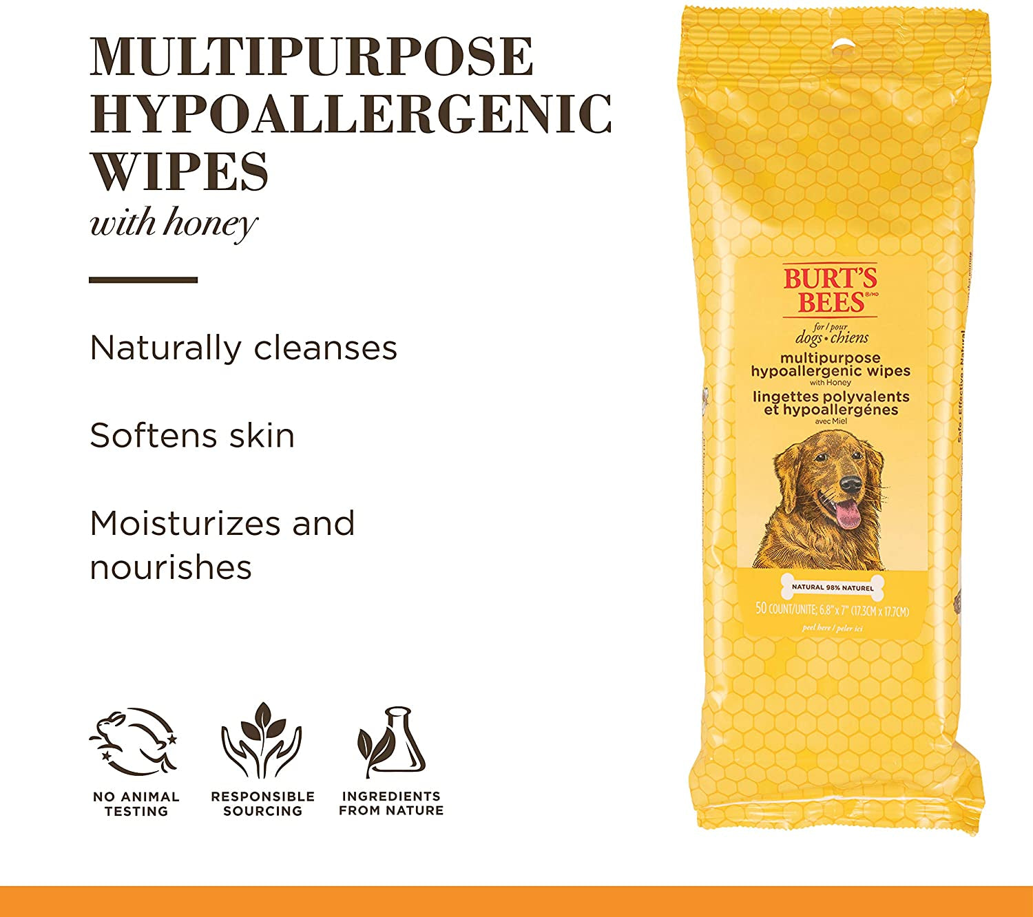 Multipurpose Hypoallergenic Dog Wipes - Moisturizing and Deodorizing Grooming Pet Wipes for Dogs, Cruelty Free Pet Cleaning and Bathing Supplies, Puppy Essentials, 50 Count