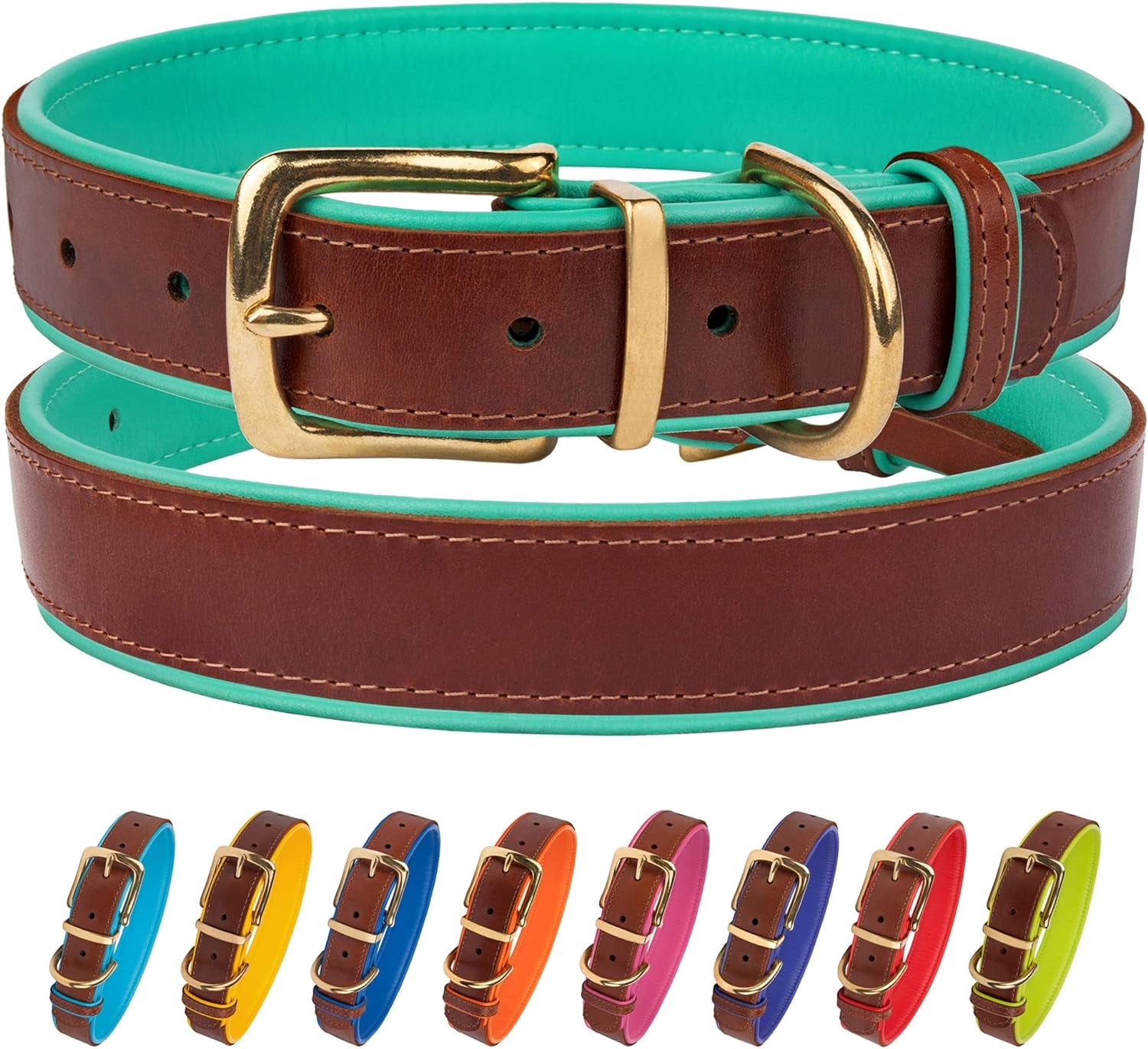 Leather Dog Collar Brass Buckle Soft Padded Puppy Small Medium Large Red Pink Blue Green Purple Yellow (Neck Fit 19"-21", Mint Green)